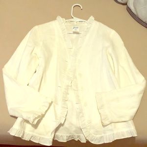 Ruffled Trim Button-Front Blazer. White Linen.